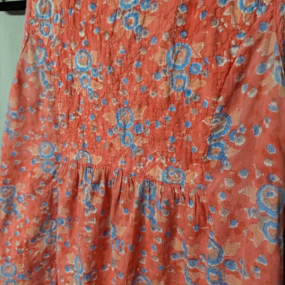 Boho Floral Quilted Embroidered Lace-Up Blouse Tunic - Coral and Blue